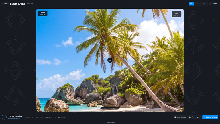 Imupscale: compare the original beach photo with the enhanced result.