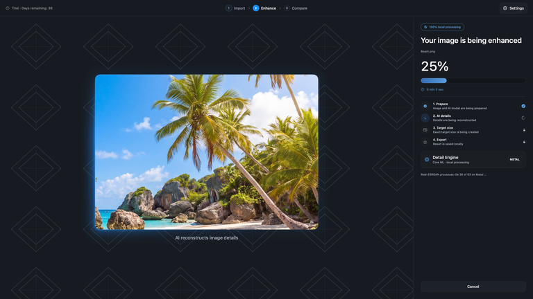 Imupscale: enhance the beach photo locally with the Detail Engine.