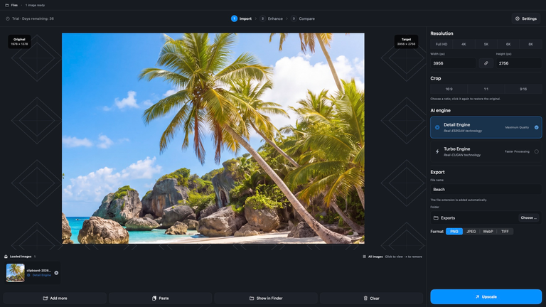 Imupscale: import a beach photo and choose image and export settings.